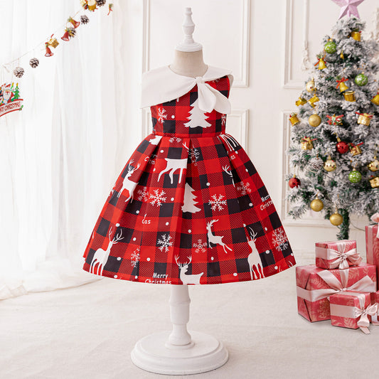 Burgundy Reindeer Snowflake Tea Dress for Girls – Christmas Cartoon Party Outfit