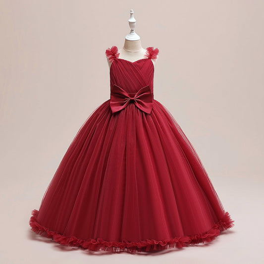 Burgundy Tulle Maxi Dress for Girls – Sweetheart Neck & Bowknot | Flower Girl & Party Gown