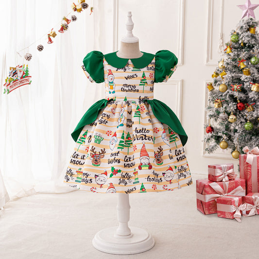 Dark Green Christmas Princess Ball Gown for Girls – Cartoon Print Puffy Dress