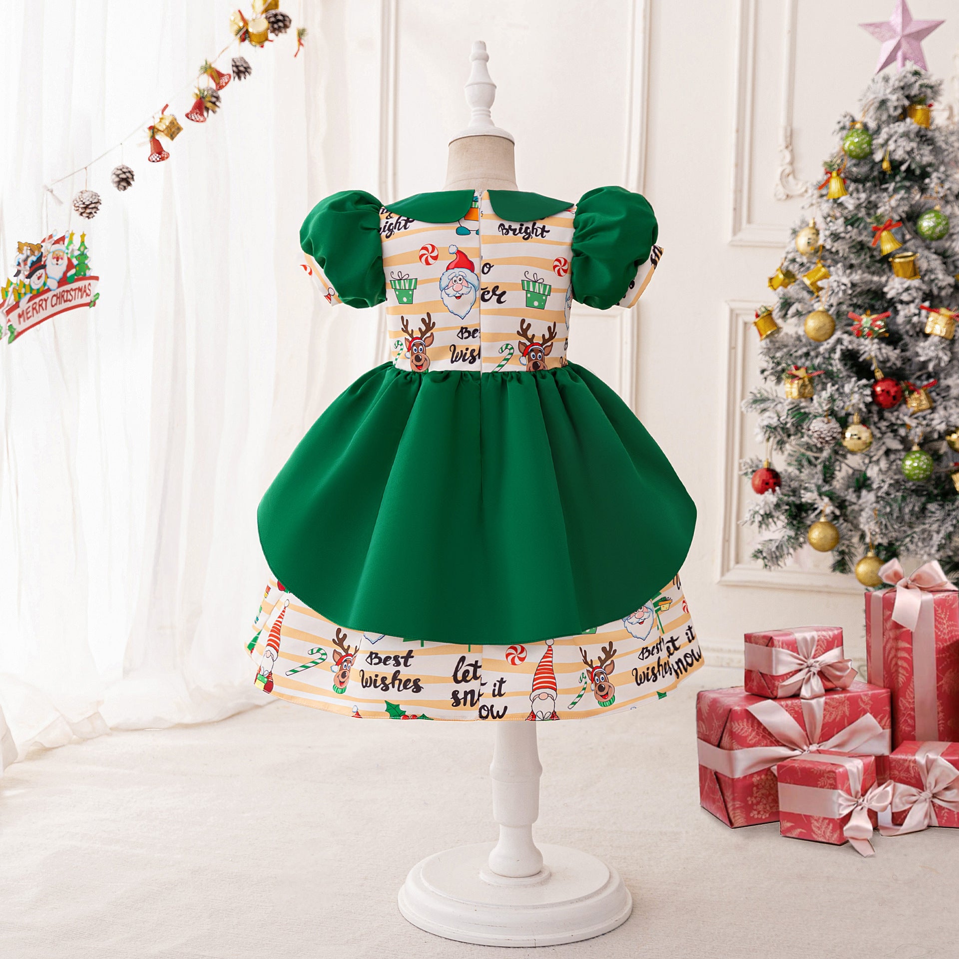 Dark Green Christmas Princess Ball Gown for Girls – Cartoon Print Puffy Dress