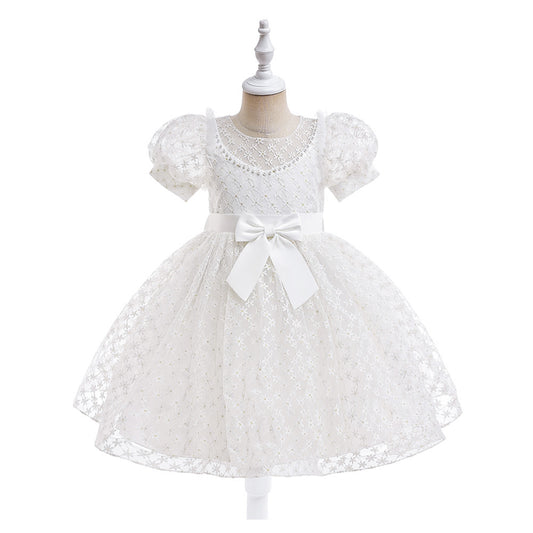 Girls Puffy Lace Ball Gown Dress with Bowknot – Princess Formal Party Dress