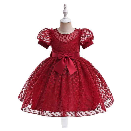 Girls Puffy Lace Ball Gown Dress with Bowknot – Princess Formal Party Dress