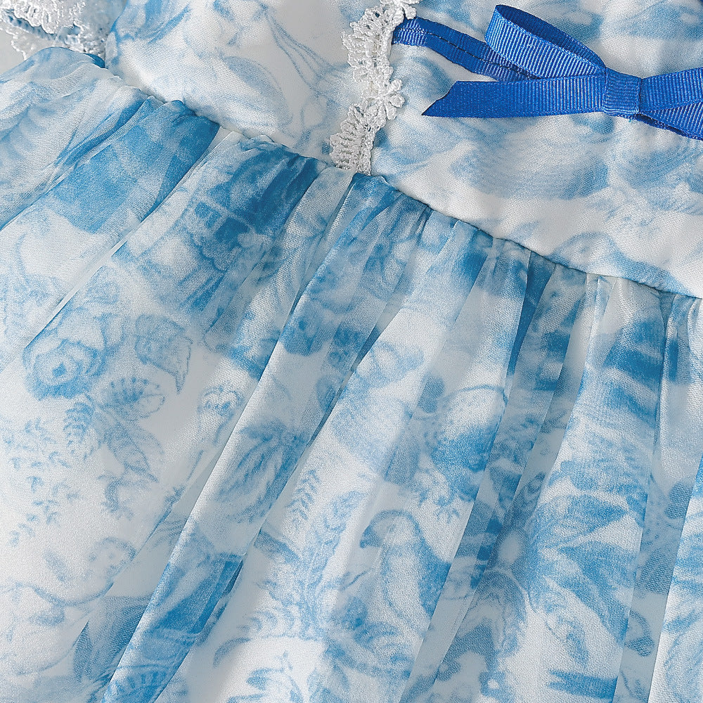 Light Blue Girls Princess A-Line Floral Tulle Dress for Parties, Weddings & Events