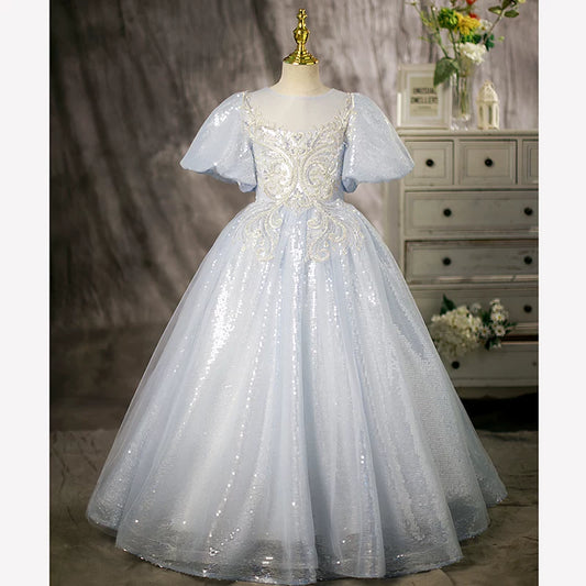 Light Blue Sequin Princess Dress for Girls | Maxi Floor-Length Gown