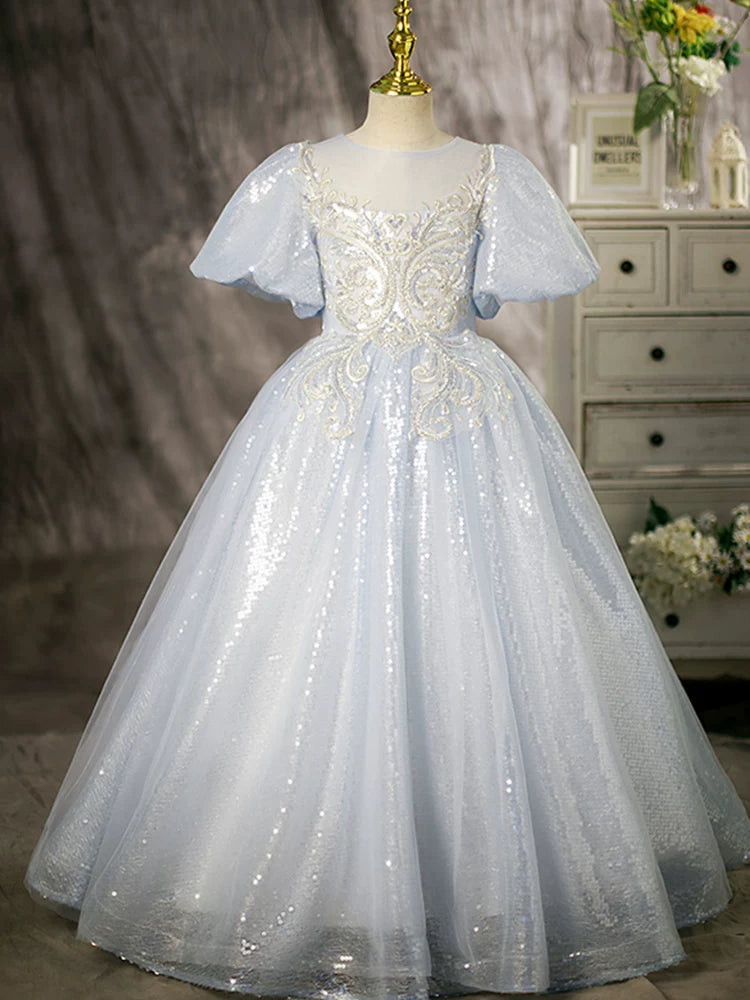 Light Blue Sequin Princess Dress for Girls | Maxi Floor-Length Gown