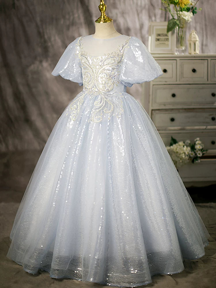 Light Blue Sequin Princess Dress for Girls | Maxi Floor-Length Gown