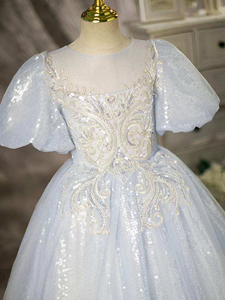 Light Blue Sequin Princess Dress for Girls | Maxi Floor-Length Gown