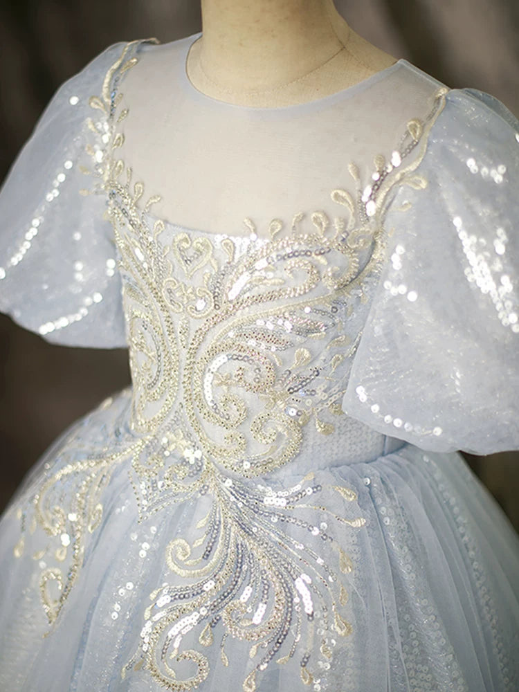 Light Blue Sequin Princess Dress for Girls | Maxi Floor-Length Gown