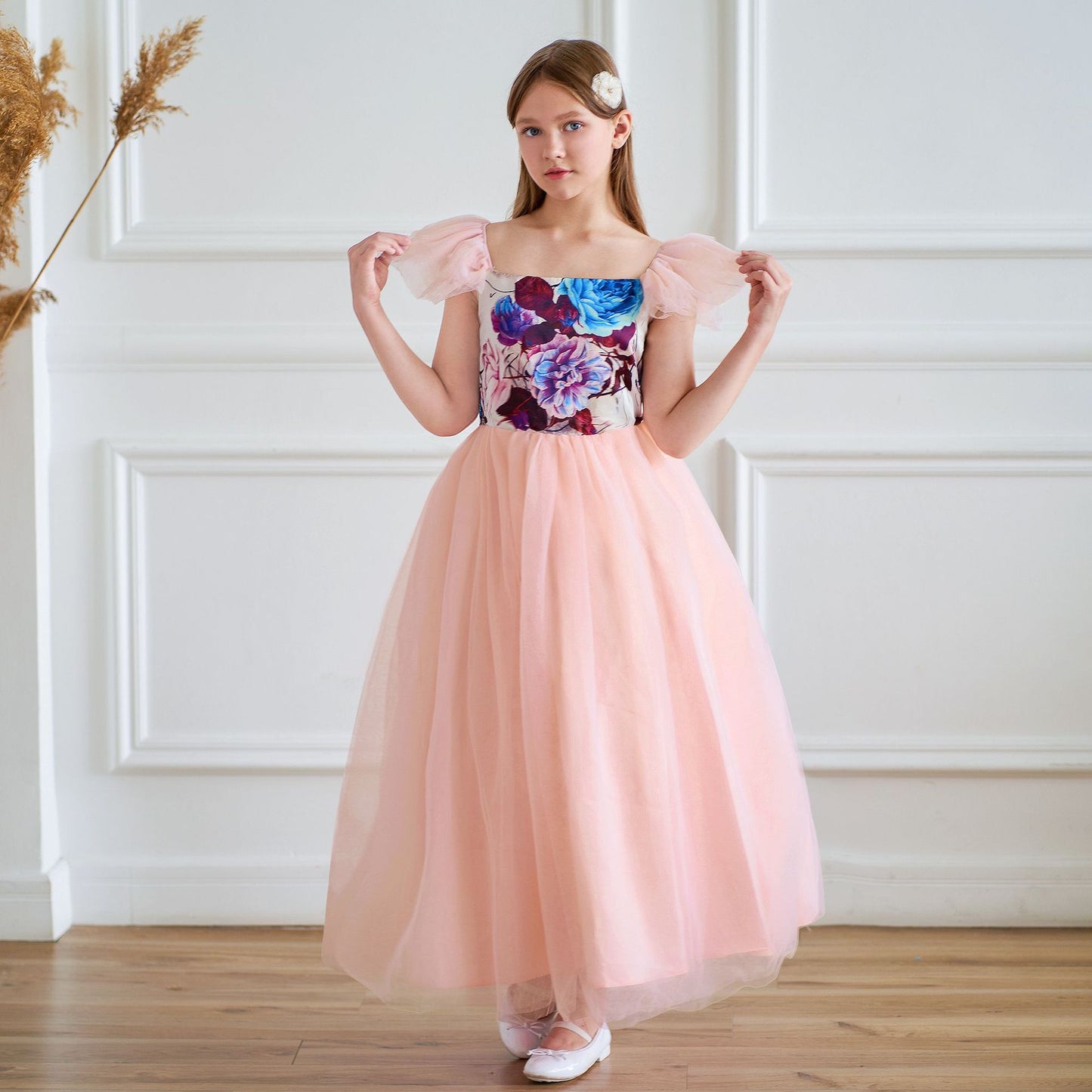Light Pink Floral A-Line Maxi Dress for Girls - Party & Flower Girl Gown