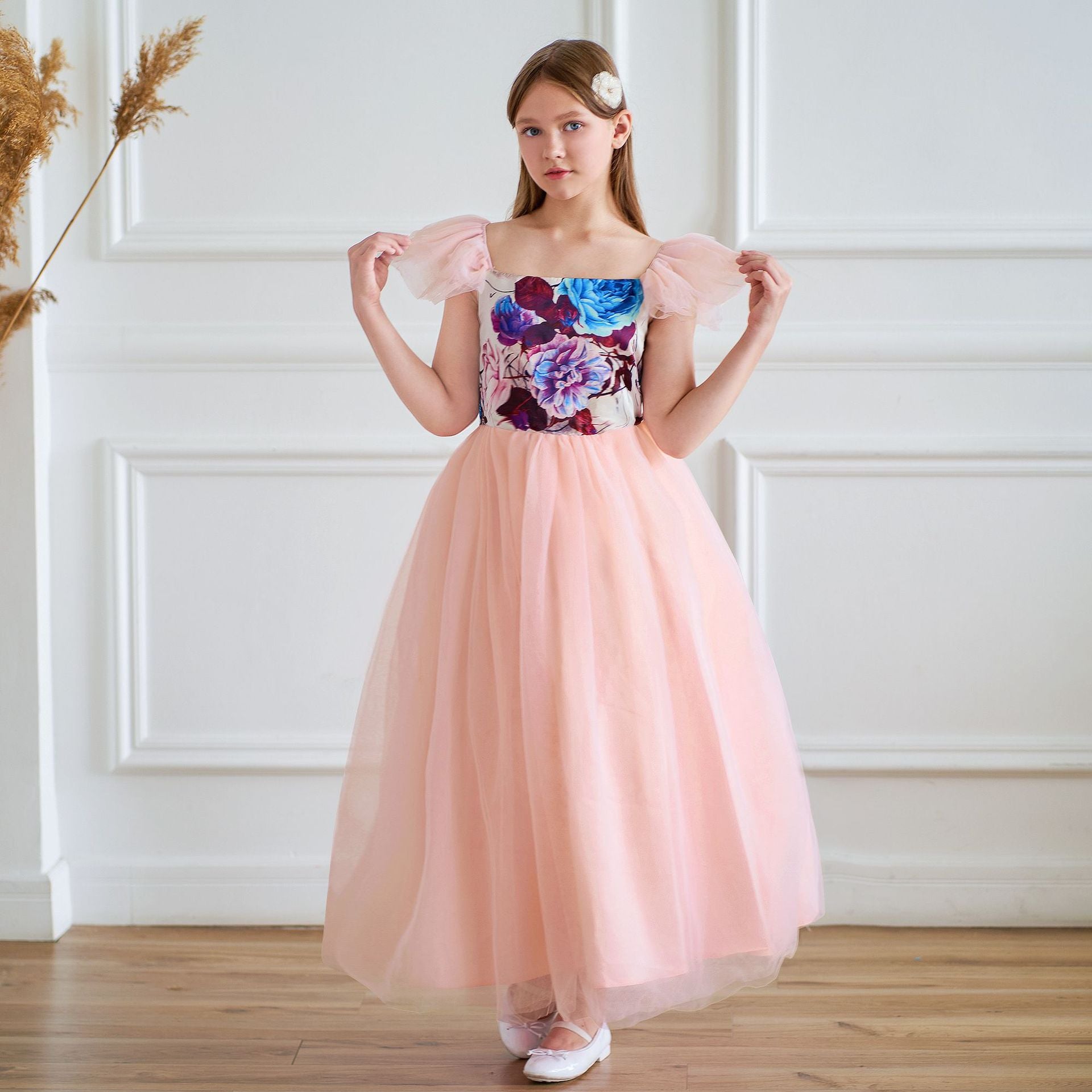 Light Pink Floral A-Line Maxi Dress for Girls - Party & Flower Girl Gown