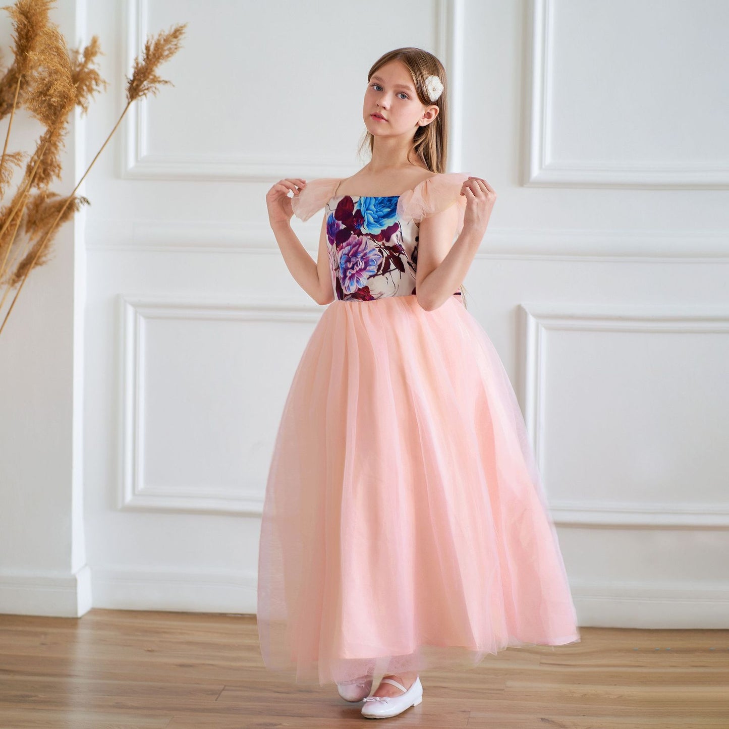 Light Pink Floral A-Line Maxi Dress for Girls - Party & Flower Girl Gown