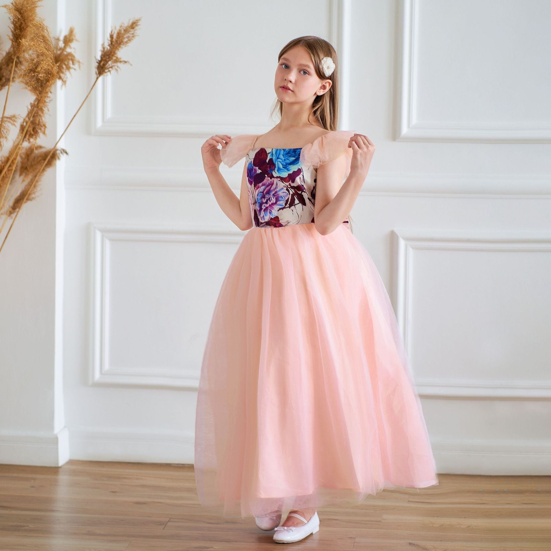 Light Pink Floral A-Line Maxi Dress for Girls - Party & Flower Girl Gown