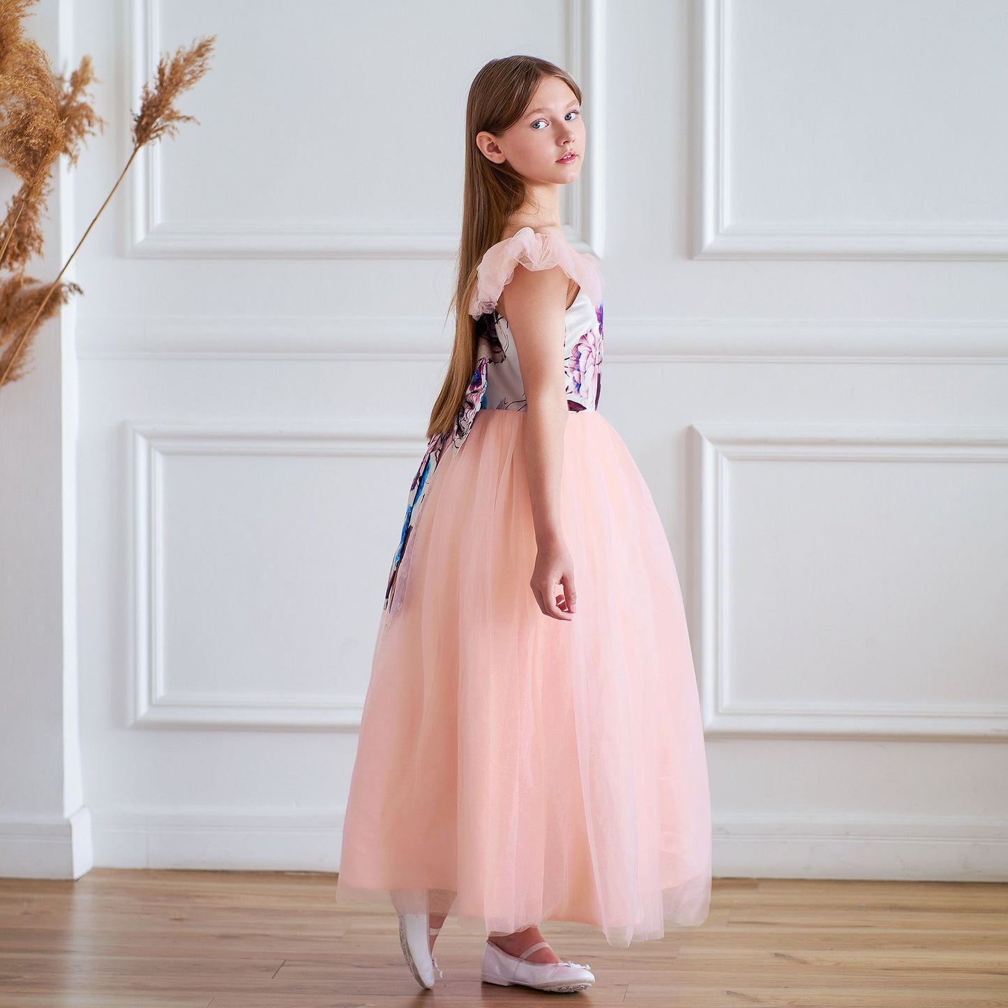 Light Pink Floral A-Line Maxi Dress for Girls - Party & Flower Girl Gown