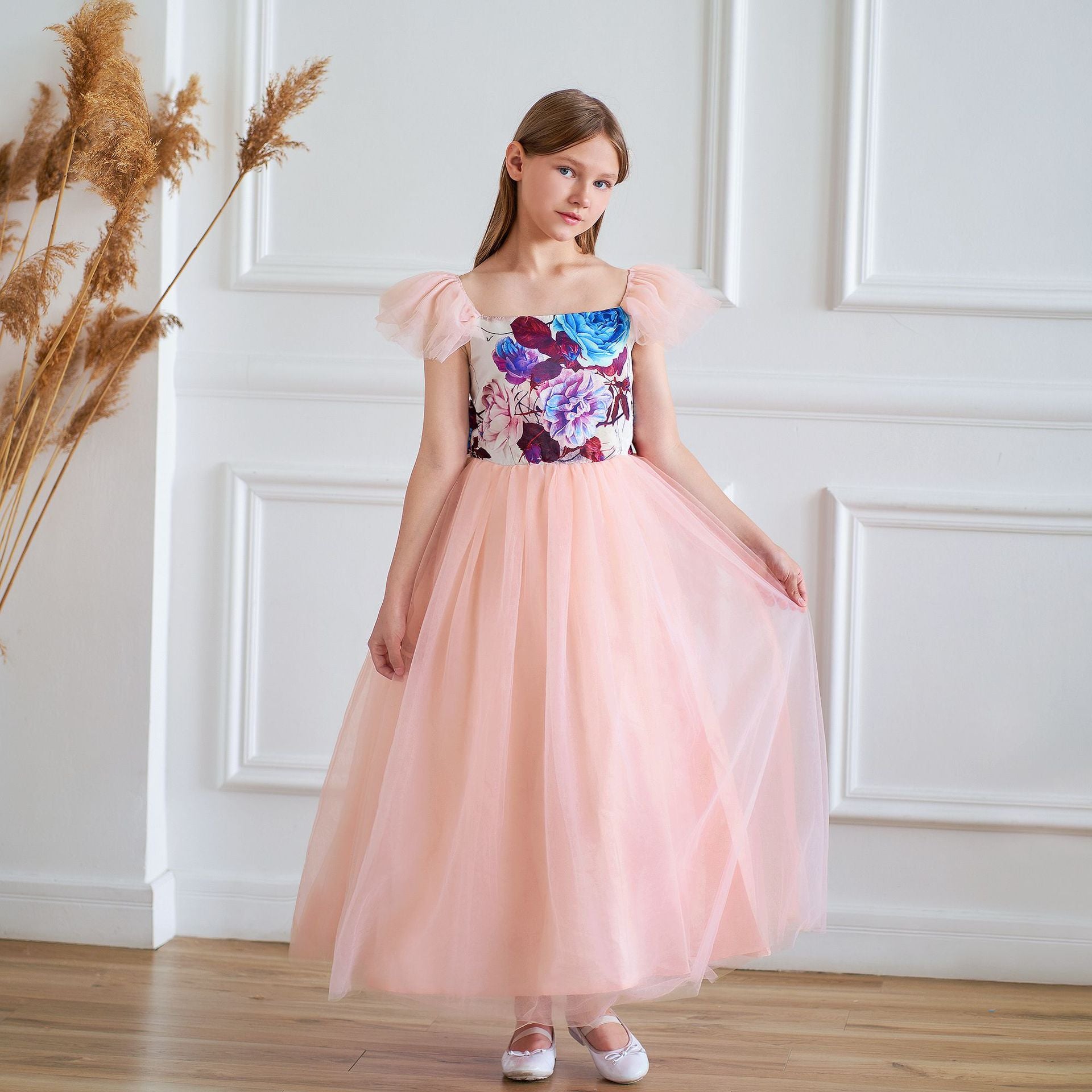 Light Pink Floral A-Line Maxi Dress for Girls - Party & Flower Girl Gown
