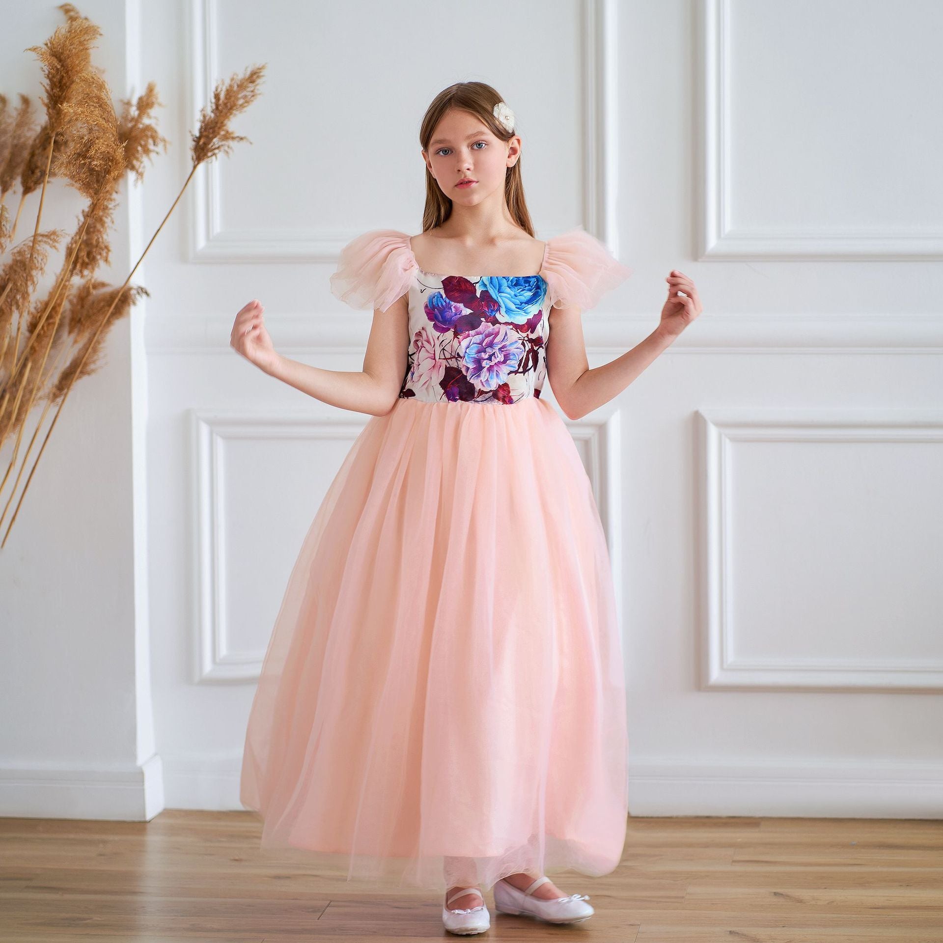 Light Pink Floral A-Line Maxi Dress for Girls - Party & Flower Girl Gown