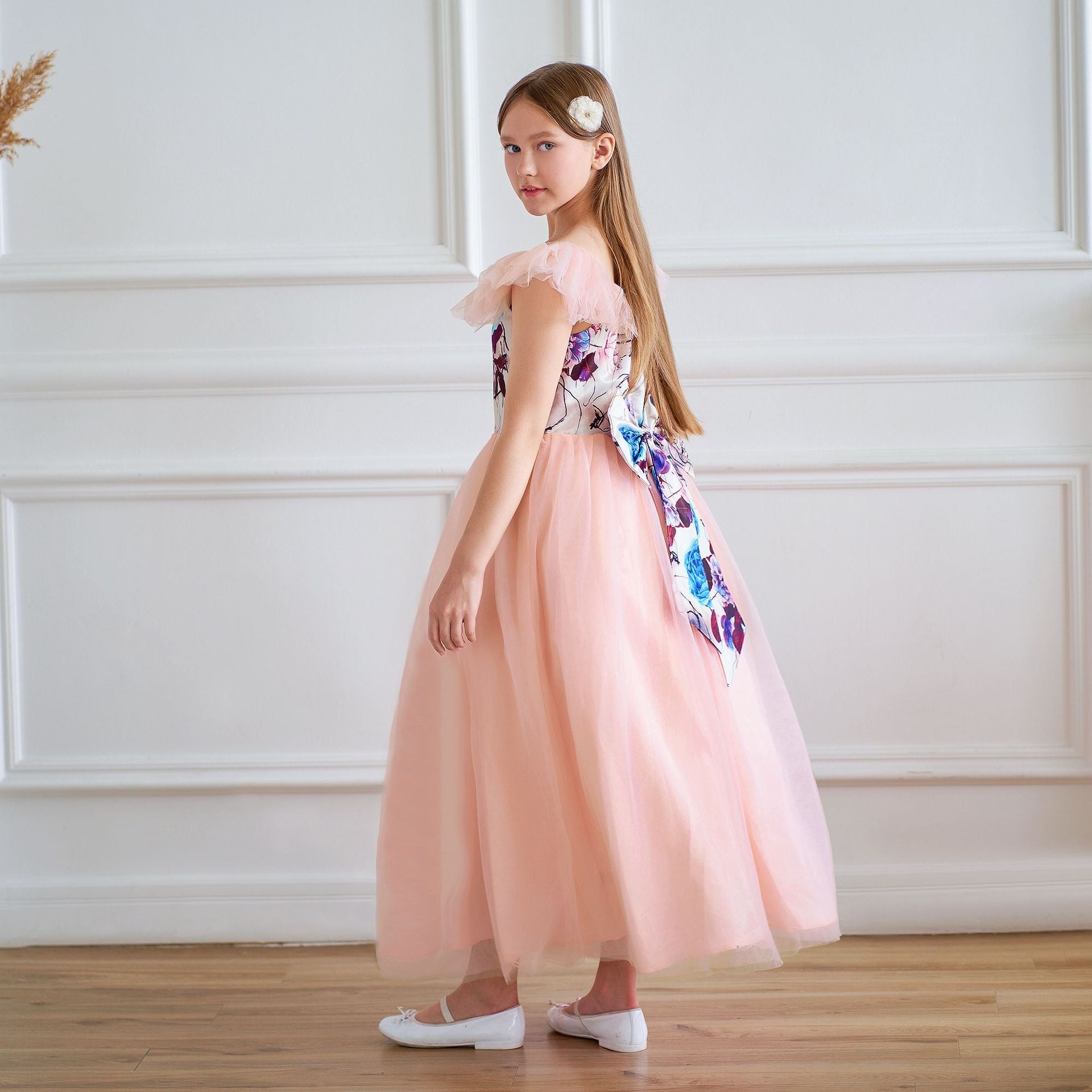 Light Pink Floral A-Line Maxi Dress for Girls - Party & Flower Girl Gown