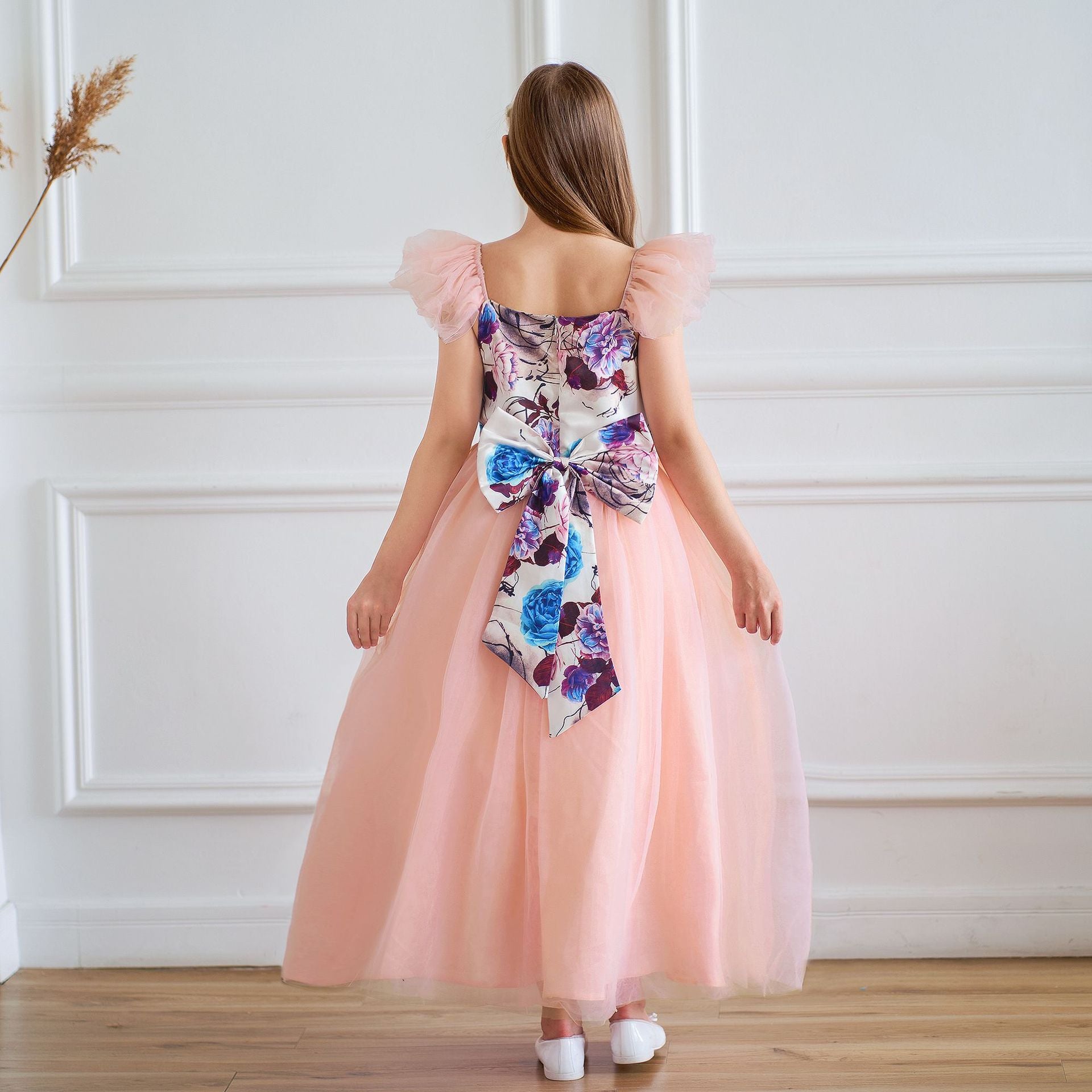 Light Pink Floral A-Line Maxi Dress for Girls - Party & Flower Girl Gown