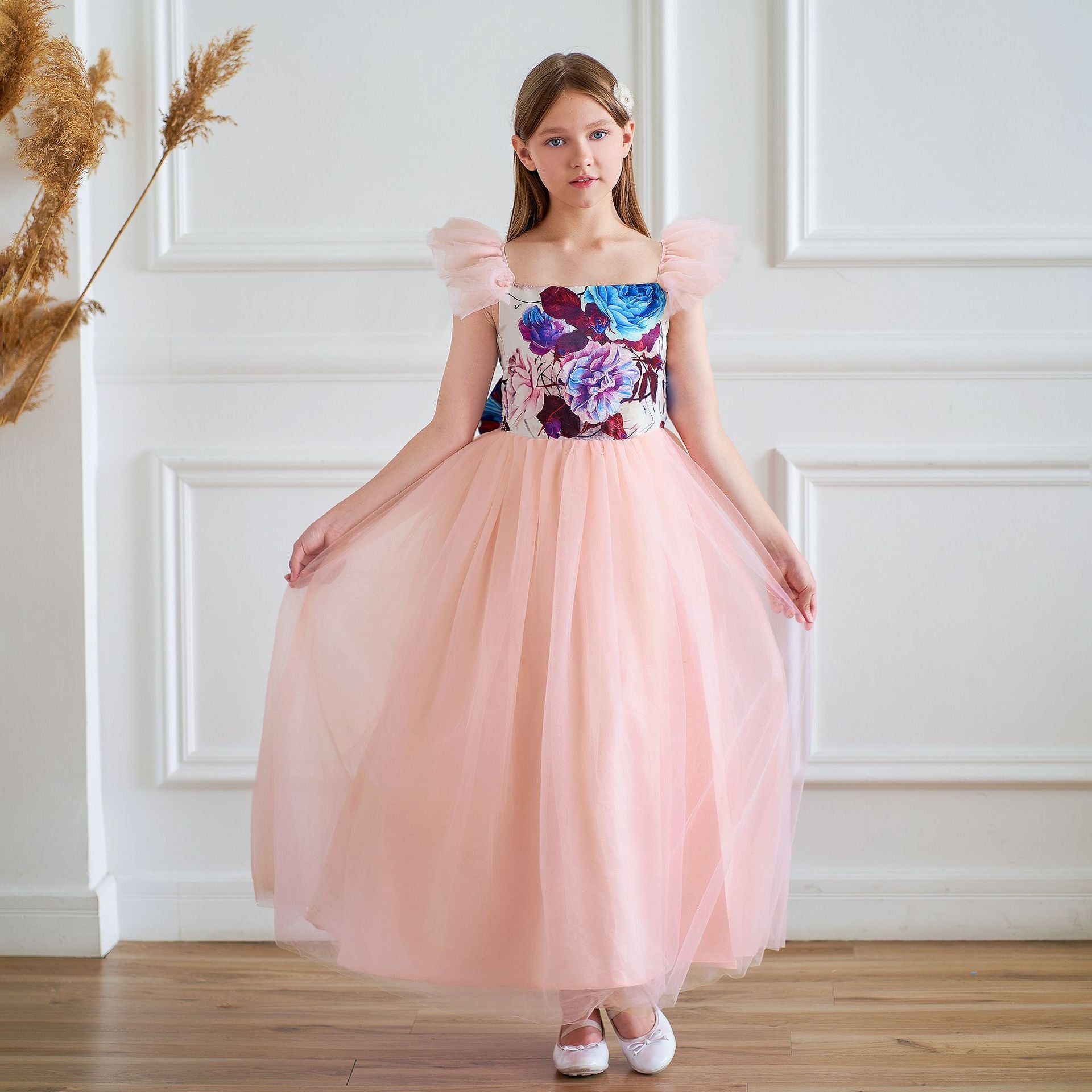 Light Pink Floral A-Line Maxi Dress for Girls - Party & Flower Girl Gown