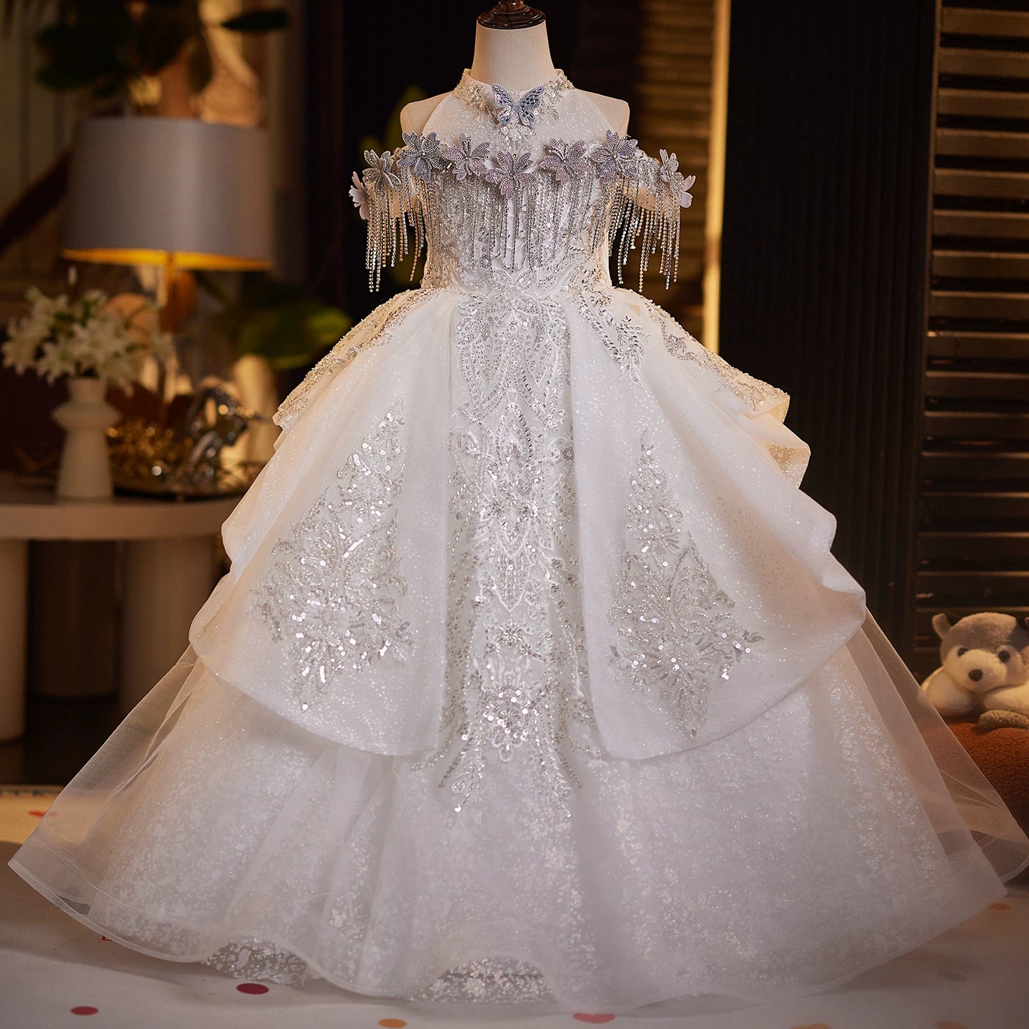 Adorable Mesh Maxi Princess Dress for Girls with Sequins, Flowers & Tie-Up Back - White