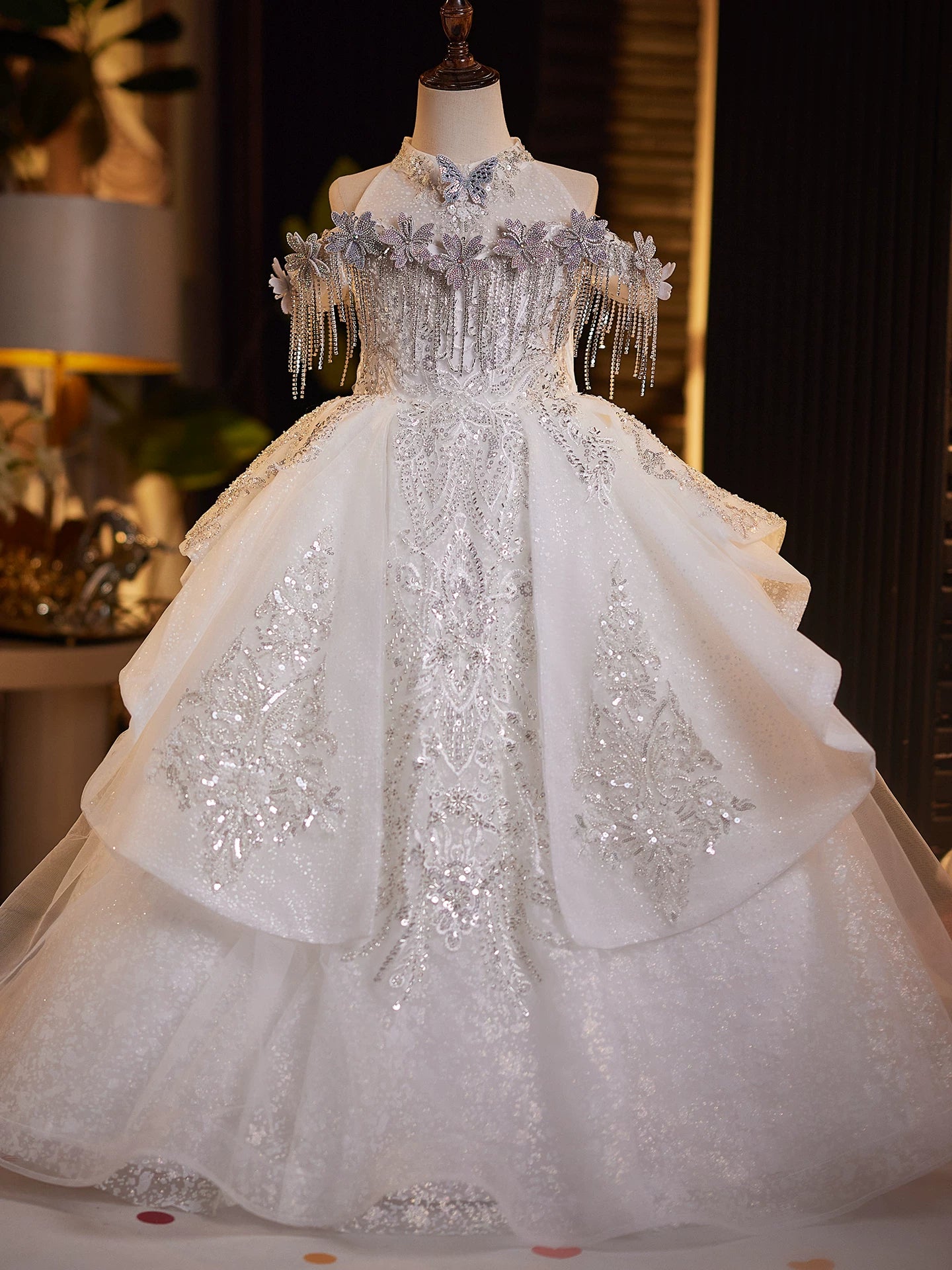 Adorable Mesh Maxi Princess Dress for Girls with Sequins, Flowers & Tie-Up Back - White