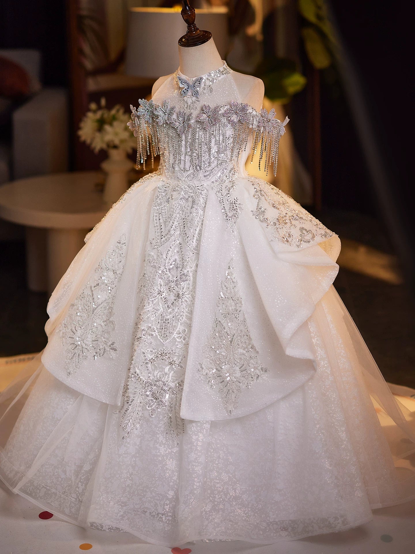 Adorable Mesh Maxi Princess Dress for Girls with Sequins, Flowers & Tie-Up Back - White