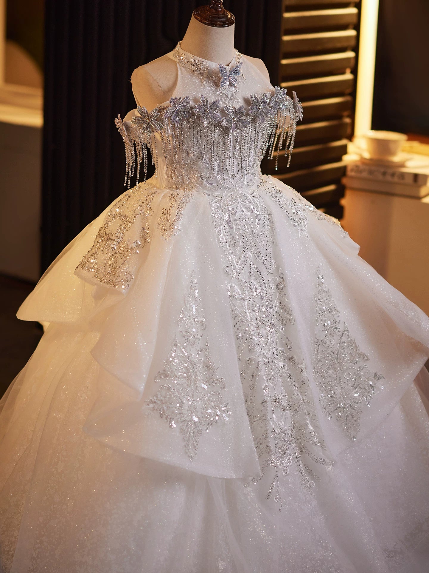 Adorable Mesh Maxi Princess Dress for Girls with Sequins, Flowers & Tie-Up Back - White