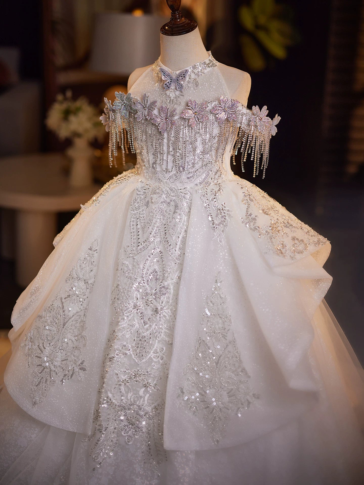 Adorable Mesh Maxi Princess Dress for Girls with Sequins, Flowers & Tie-Up Back - White