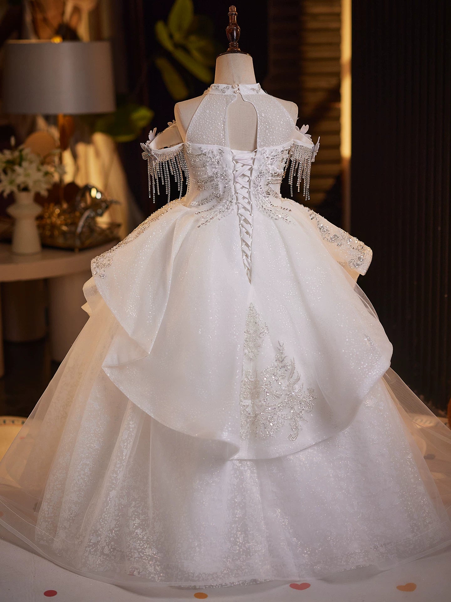 Adorable Mesh Maxi Princess Dress for Girls with Sequins, Flowers & Tie-Up Back - White