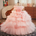 Girls Off-Shoulder Pink Tiered Maxi Dress with Train