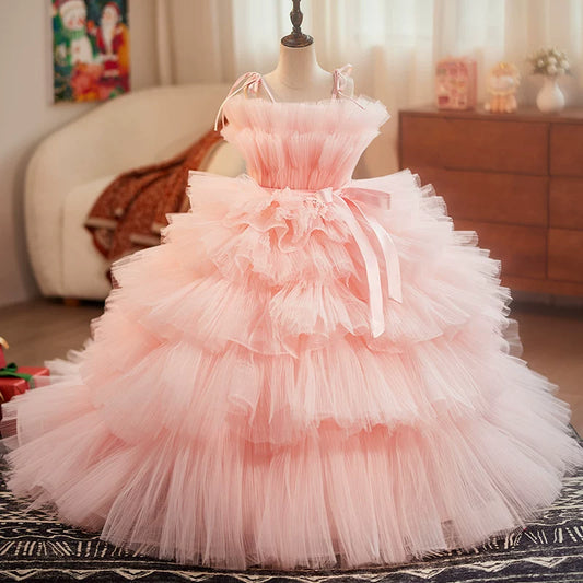 Pink Off-Shoulder A-Line Tiered Maxi Dress for Girls with Train | Formal & Party Wear