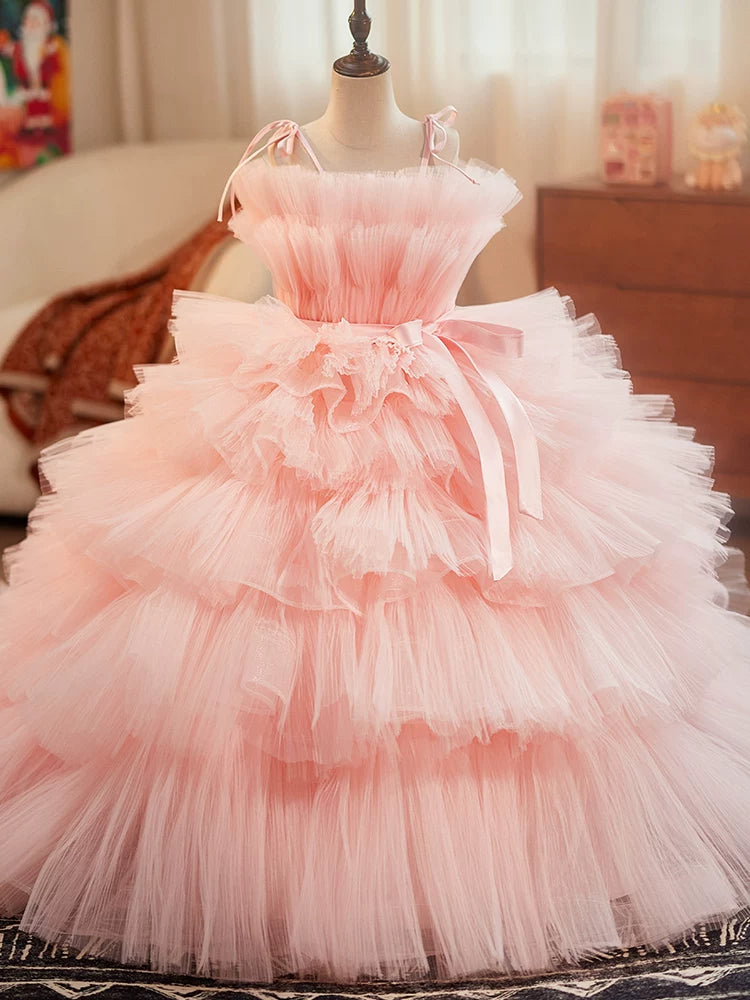 Pink Off-Shoulder A-Line Tiered Maxi Dress for Girls with Train | Formal & Party Wear