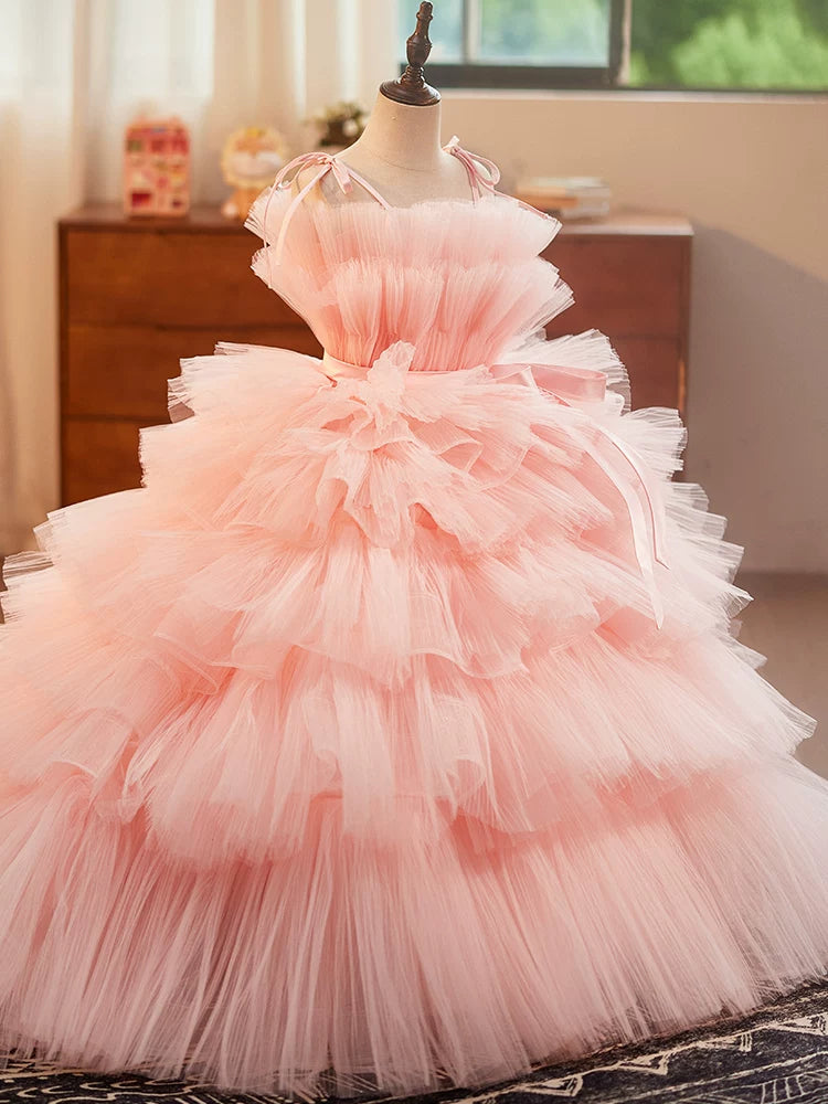 Pink Off-Shoulder A-Line Tiered Maxi Dress for Girls with Train | Formal & Party Wear