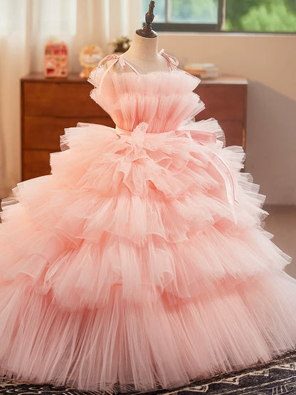 Pink Off-Shoulder A-Line Tiered Maxi Dress for Girls with Train | Formal & Party Wear