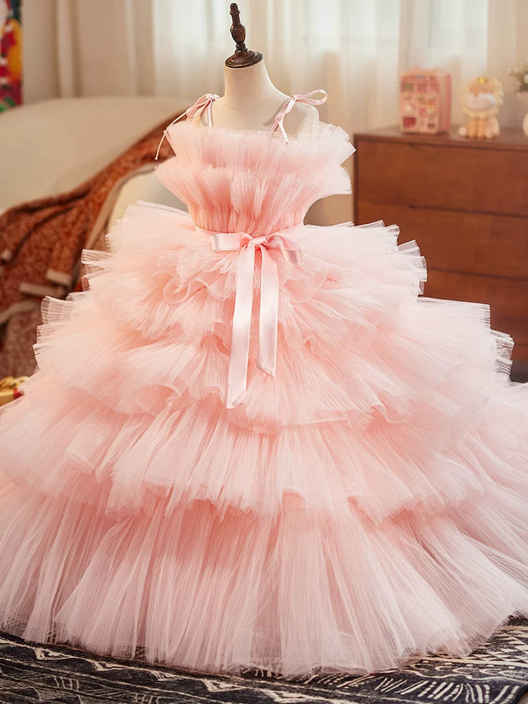 Pink Off-Shoulder A-Line Tiered Maxi Dress for Girls with Train | Formal & Party Wear