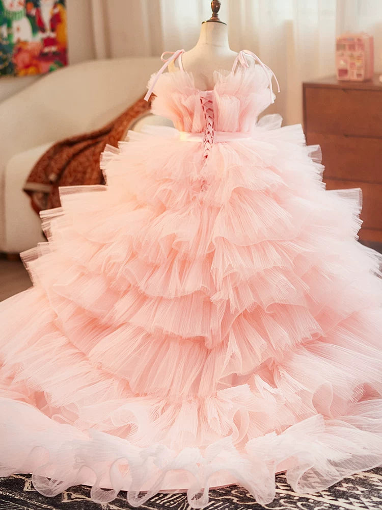 Pink Off-Shoulder A-Line Tiered Maxi Dress for Girls with Train | Formal & Party Wear