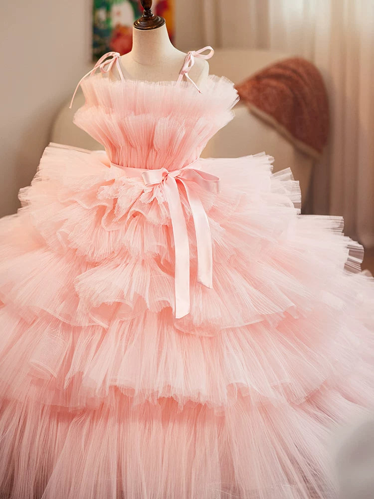 Pink Off-Shoulder A-Line Tiered Maxi Dress for Girls with Train | Formal & Party Wear