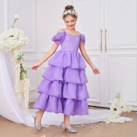 Purple Off-Shoulder Tiered Organza Maxi Dress for Girls (5-13Y) – Party & Formal Wear