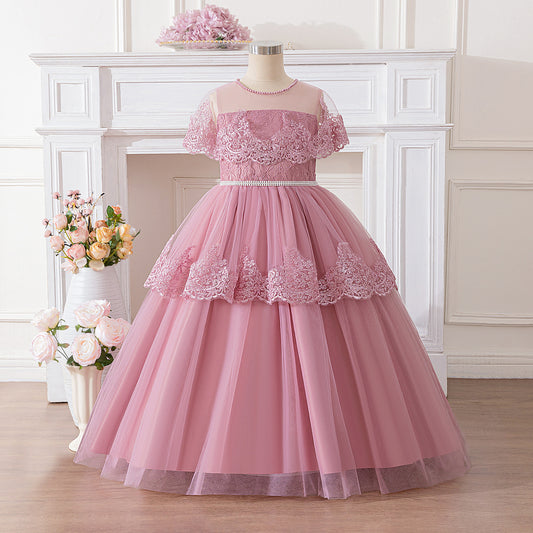 Pink Off Shoulder Maxi Girls Dress with Lace & Tiered Tulle | Formal Party & Flower Girl Gown