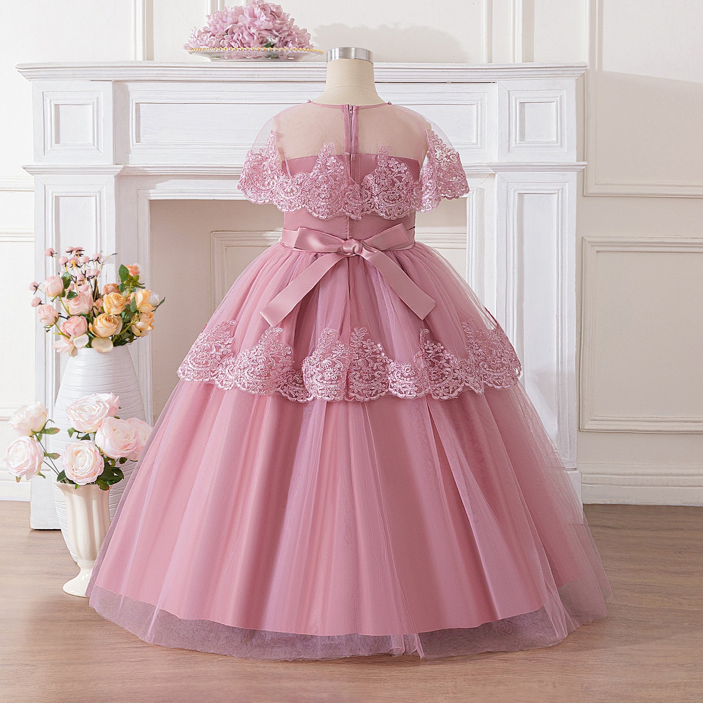 Pink Off Shoulder Maxi Girls Dress with Lace & Tiered Tulle | Formal Party & Flower Girl Gown