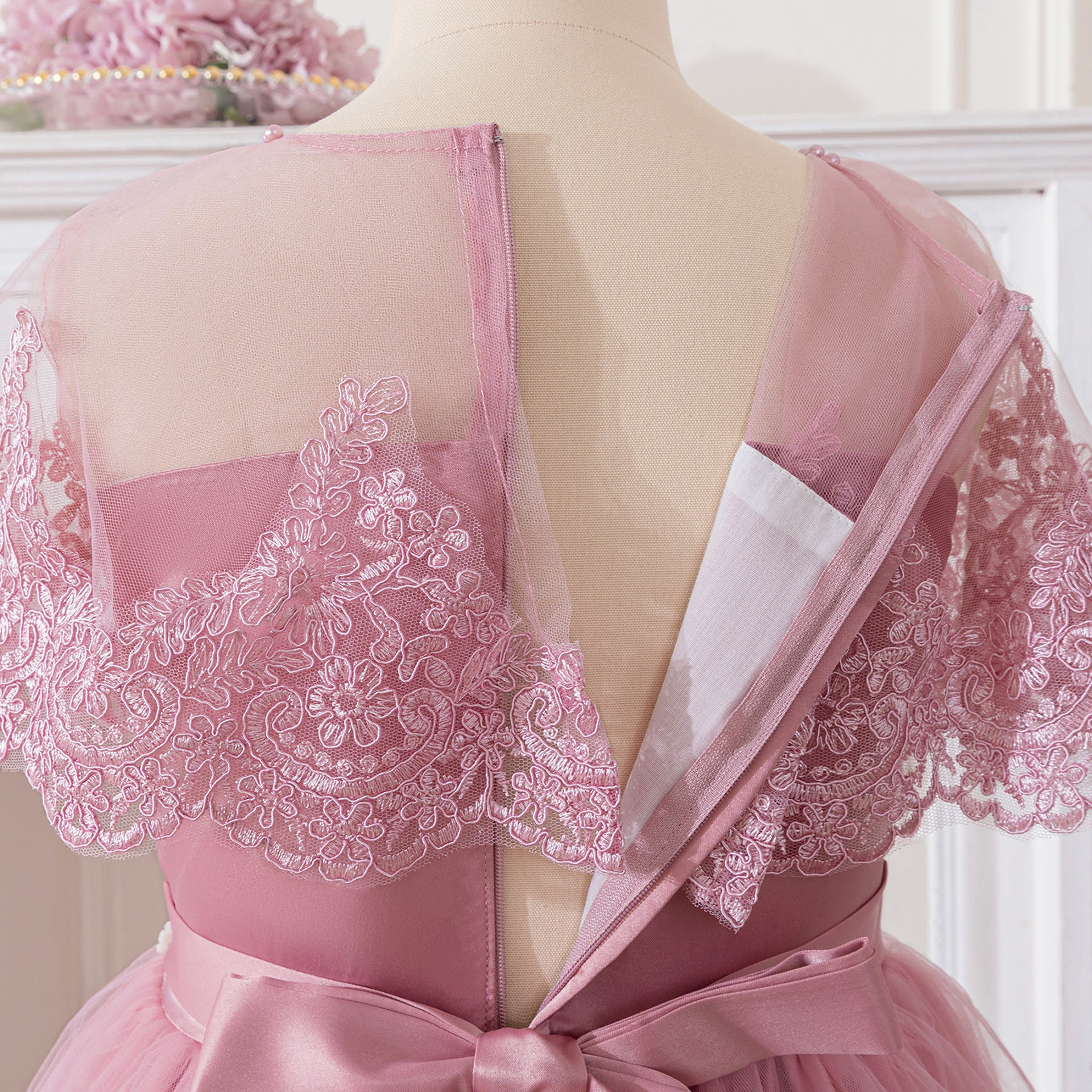 Pink Off Shoulder Maxi Girls Dress with Lace & Tiered Tulle | Formal Party & Flower Girl Gown
