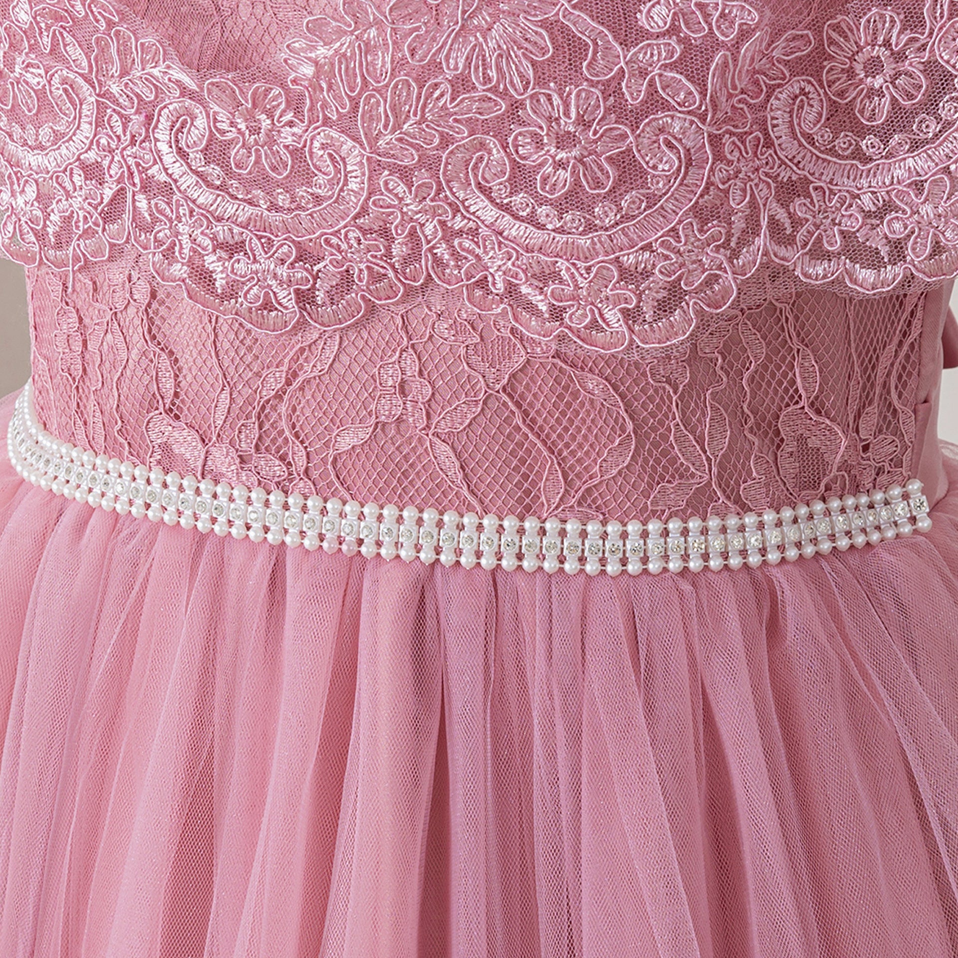 Pink Off Shoulder Maxi Girls Dress with Lace & Tiered Tulle | Formal Party & Flower Girl Gown