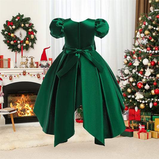 Princess Puff Sleeve Satin Dress for Girls with Bow and Sequins – Tea Length Party & Flower Girl Gown
