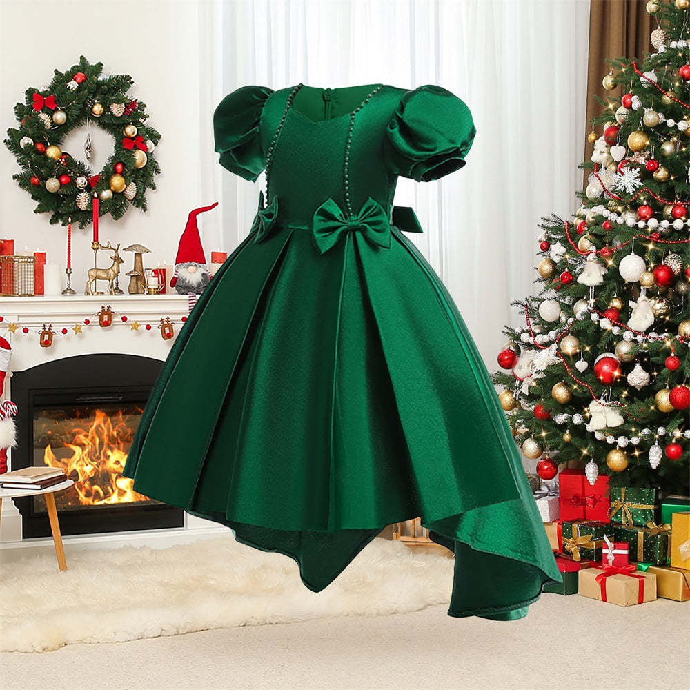 Princess Puff Sleeve Satin Dress for Girls with Bow and Sequins – Tea Length Party & Flower Girl Gown