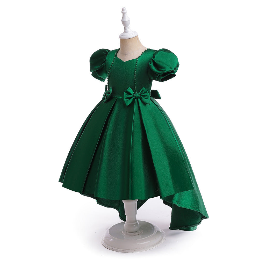 Princess Puff Sleeve Satin Dress for Girls with Bow and Sequins – Tea Length Party & Flower Girl Gown