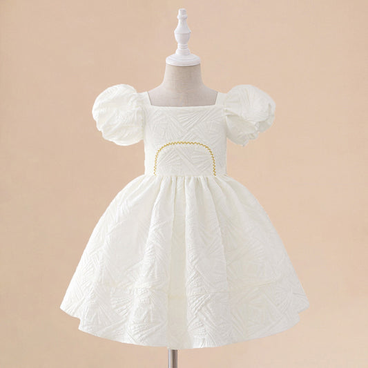 Girls' White A-Line Puff Sleeve Princess Dress for Parties & Weddings