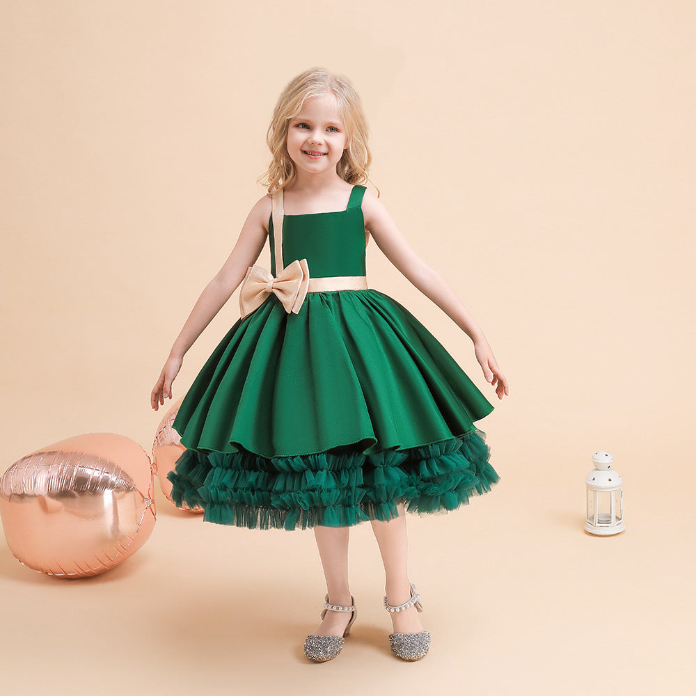 Cute Puffy Ball Gown Dress for Girls - Tea Length Satin Party Dress with Bowknot & Ruffles