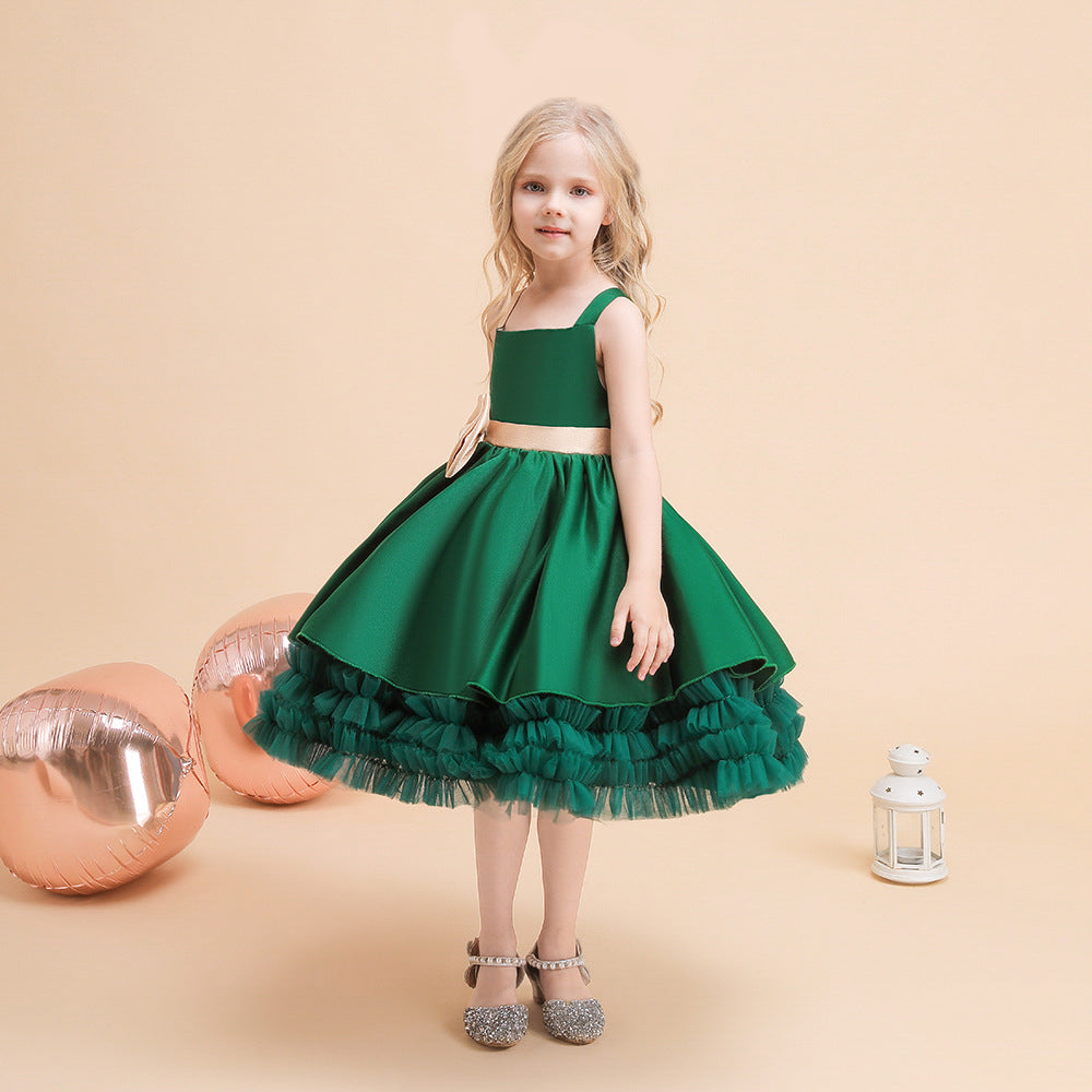 Cute Puffy Ball Gown Dress for Girls - Tea Length Satin Party Dress with Bowknot & Ruffles