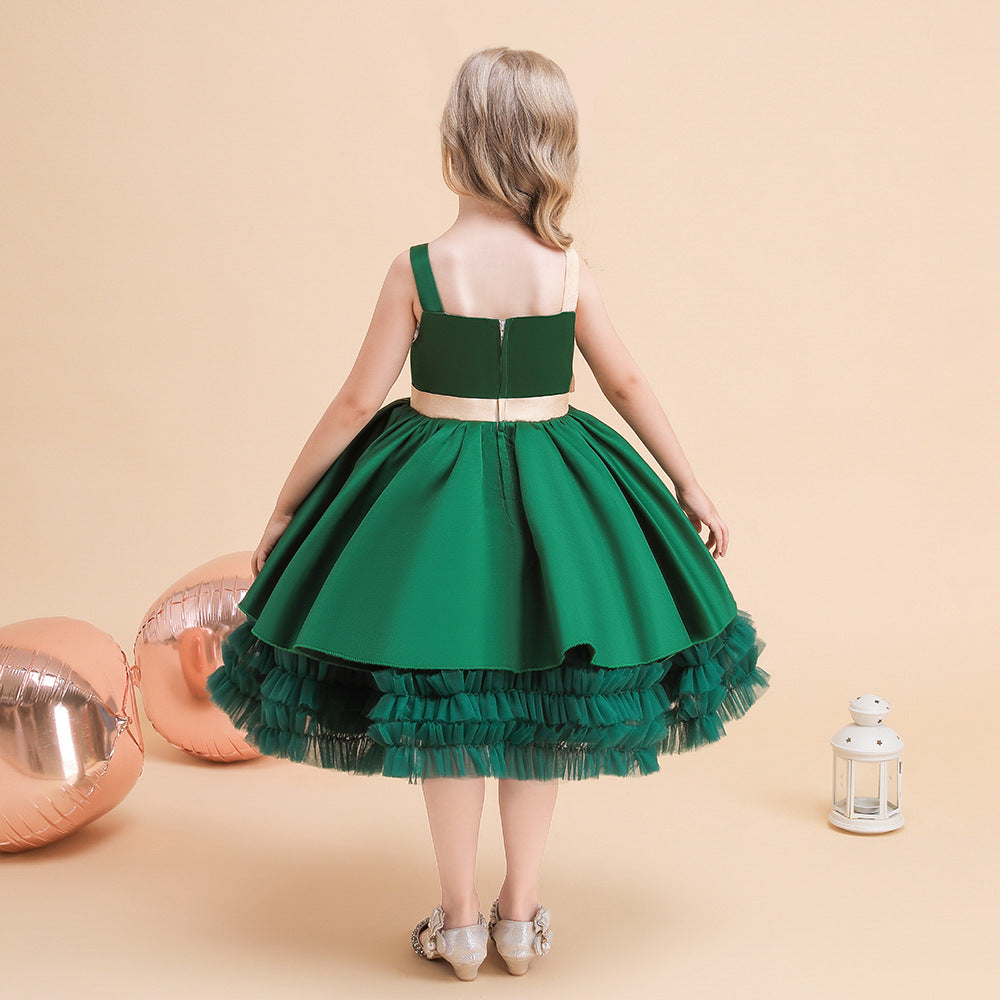 Cute Puffy Ball Gown Dress for Girls - Tea Length Satin Party Dress with Bowknot & Ruffles