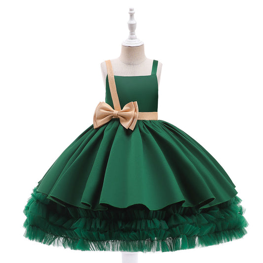 Cute Puffy Ball Gown Dress for Girls - Tea Length Satin Party Dress with Bowknot & Ruffles