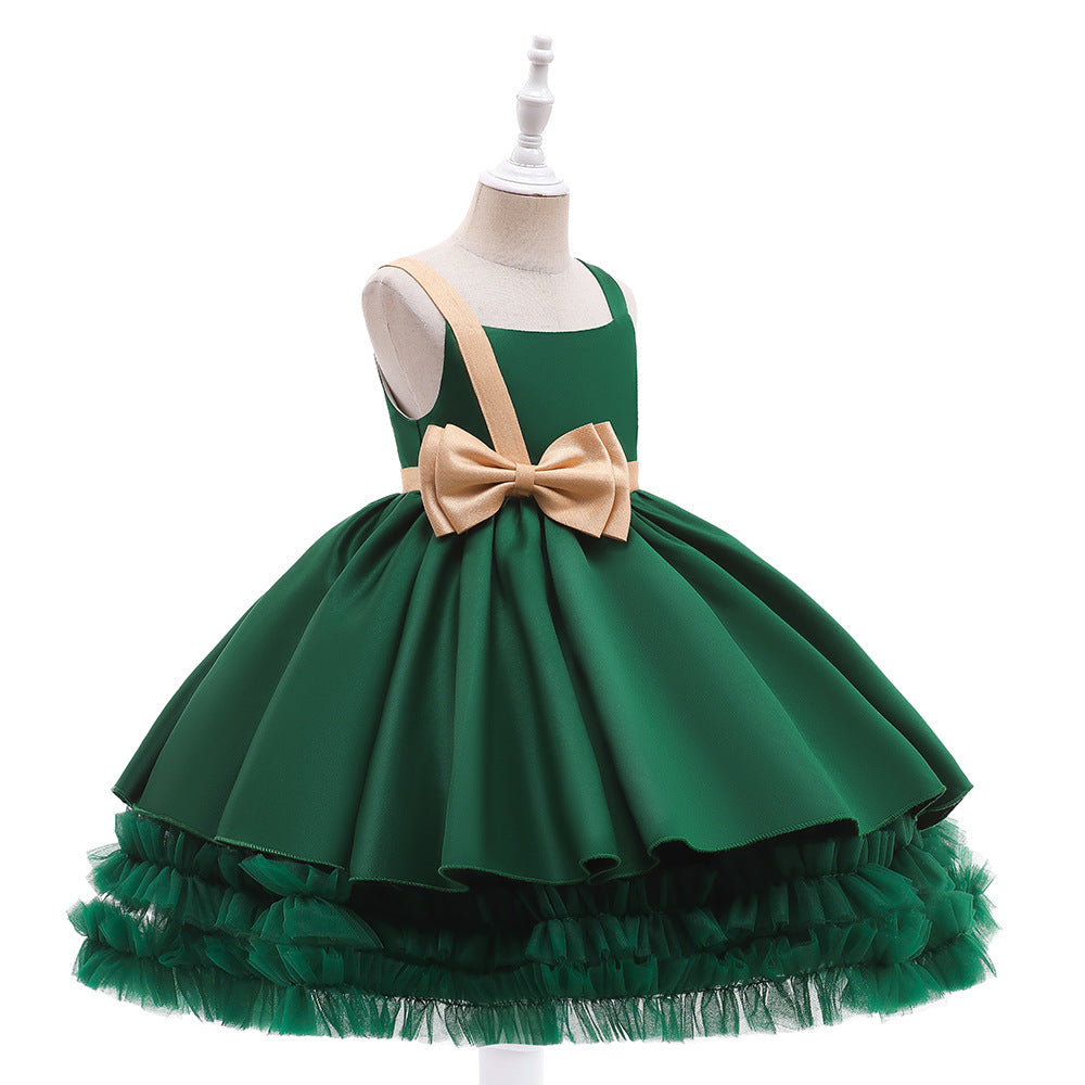 Cute Puffy Ball Gown Dress for Girls - Tea Length Satin Party Dress with Bowknot & Ruffles
